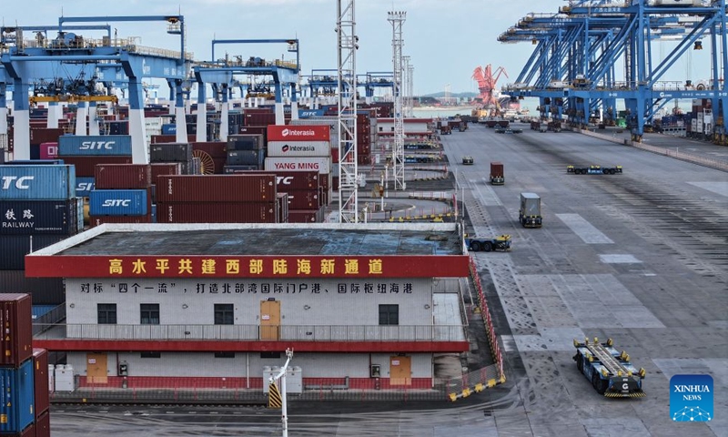 A drone photo taken on Sept. 3, 2026 shows an automated container wharf of the Beibu Gulf Port in Qinzhou, south China's Guangxi Zhuang Autonomous Region.(Xinhua/Zhang Ailin)