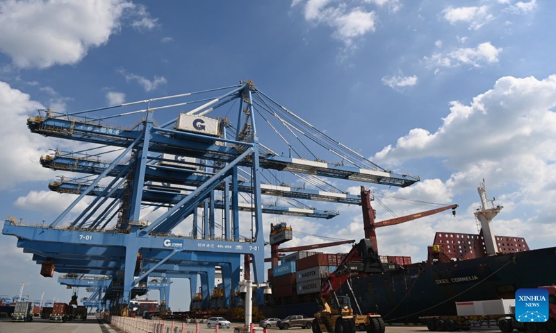 This photo taken on Sept. 3, 2026 shows the automated container terminal of Beibu Gulf Port in Qinzhou, south China's Guangxi Zhuang Autonomous Region.(Xinhua/Cao Yiming)