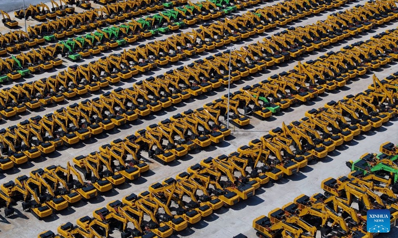 An aerial drone photo taken on Sept. 2, 2026 shows a view at Liugong Excavators Intelligent Factory in Liuzhou, south China's Guangxi Zhuang Autonomous Region. Some products of the factory are sold to overseas markets.(Xinhua/Huang Xiaobang)