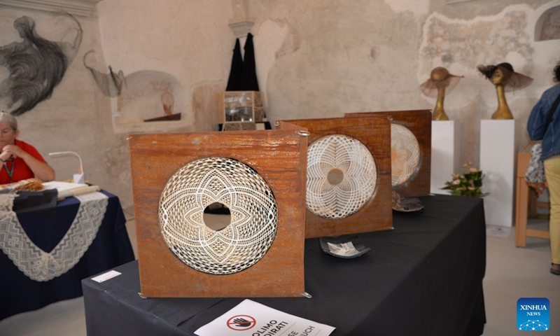 Exhibits are pictured at the 30th Lepoglava International Lace Festival in Lepoglava, Croatia on Sept. 12, 2026. The 30th Lepoglava International Lace Festival opened on Friday in the northern Croatian town of Lepoglava. (Xinhua/Ma Zhen)