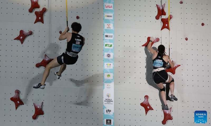 Samuel Watson (L) and Emma Hunt of the United States compete during the mixed speed relay at the World Climbing Series Guiyang 2026 in Guiyang, southwest China's Guizhou Province, Sept. 12, 2026. (Xinhua/Liu Xu)