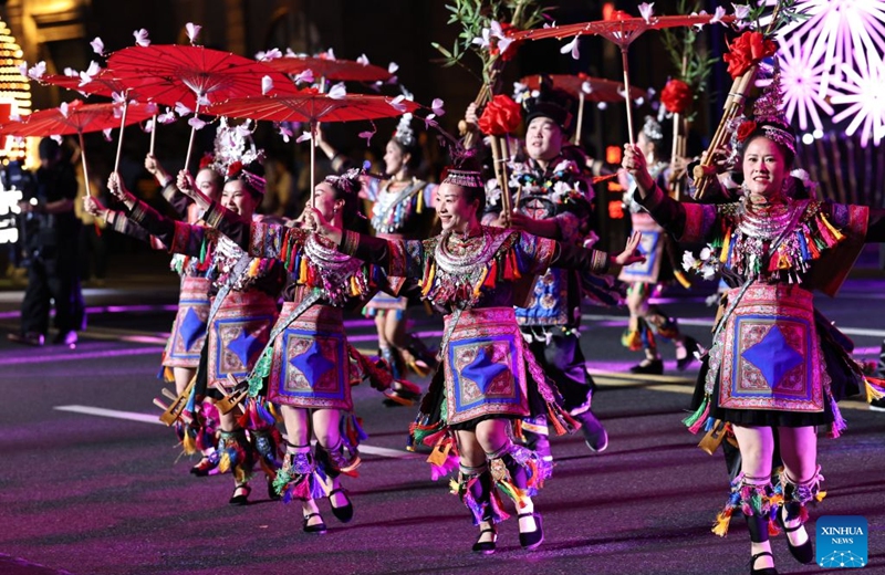 An art troupe from Huaihua City of central China's Hunan Province performs during the parade of the Shanghai Tourism Festival in Shanghai, east China, Sept. 12, 2026. The 37th Shanghai Tourism Festival parade was launched at the Bund in Shanghai on Saturday. A total of 21 floats and 21 performing teams took part in the parade. Photo: Xinhua