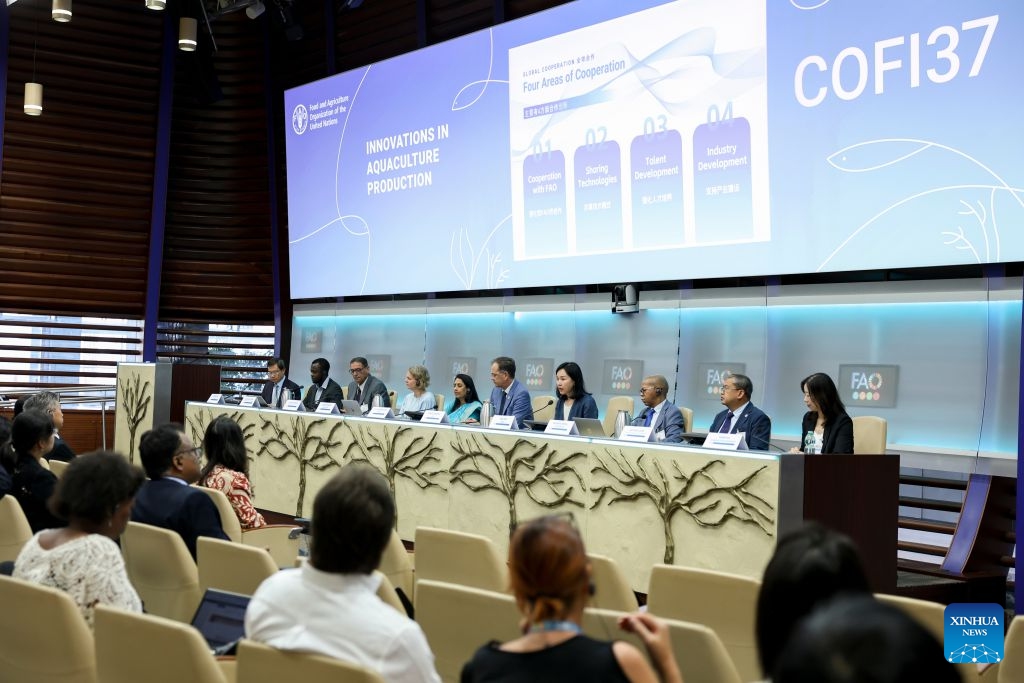 People attend a side event titled Innovations in Aquaculture Production during the 37th Session of the Committee on Fisheries of the Food and Agriculture Organization of the United Nations (FAO), in Rome, Italy, Sept. 8, 2026. (Xinhua/Li Jing)