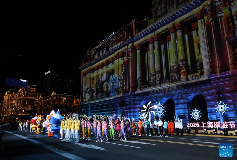 A troupe themed on the 48th WorldSkills Competition attends the parade of the Shanghai Tourism Festival in Shanghai, east China, Sept. 12, 2026. The 37th Shanghai Tourism Festival parade was launched at the Bund in Shanghai on Saturday. A total of 21 floats and 21 performing teams took part in the parade. Photo: Xinhua