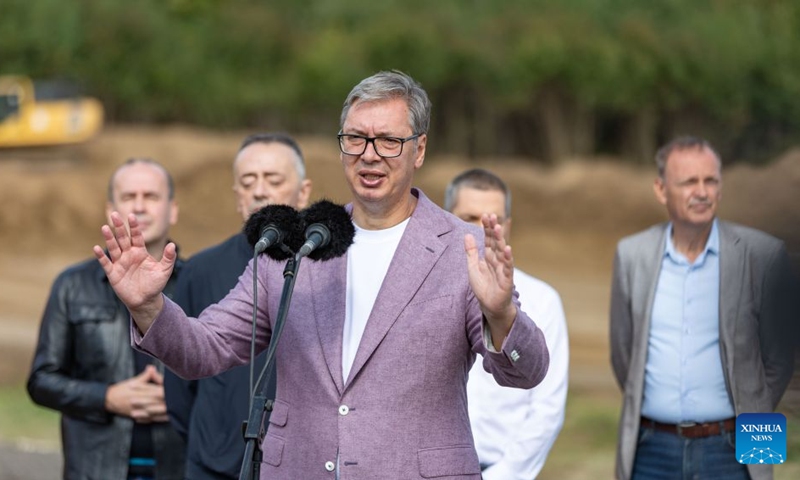 Serbian President Aleksandar Vucic (front) gives a speech at the construction site of the Chinese-built Vozd Karadjordje expressway near Mladenovac, Serbia, Sept. 12, 2026. Serbian President Aleksandar Vucic on Saturday inspected construction works of the Vozd Karadjordje expressway which is being constructed by a Chinese company, highlighting its strategic importance for central Serbia. (Photo by Wang Wei/Xinhua)