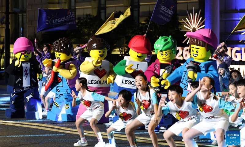 An art troupe of the LEGOLAND Shanghai Resort performs during the parade of the Shanghai Tourism Festival in Shanghai, east China, Sept. 12, 2026. The 37th Shanghai Tourism Festival parade was launched at the Bund in Shanghai on Saturday. A total of 21 floats and 21 performing teams took part in the parade. Photo: Xinhua
