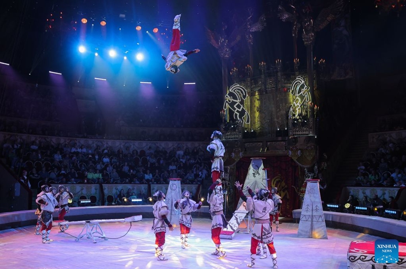 Acrobats perform at the 5th International Festival of Circus Art Without Borders in St. Petersburg, Russia, Sept. 10, 2026. The festival opened here on Thursday and will last to Sunday. Photo: Xinhua