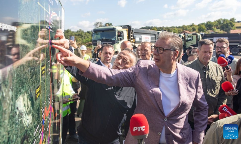 Serbian President Aleksandar Vucic looks at a route map during his visit to the construction site of the Chinese-built Vozd Karadjordje expressway near Mladenovac, Serbia, Sept. 12, 2026. Serbian President Aleksandar Vucic on Saturday inspected construction works of the Vozd Karadjordje expressway which is being constructed by a Chinese company, highlighting its strategic importance for central Serbia. (Photo by Wang Wei/Xinhua)
