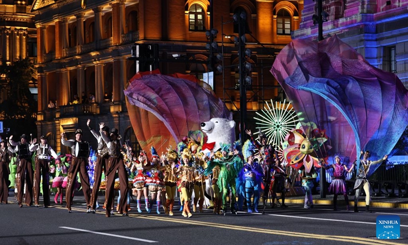 An art troupe of the Shanghai Haichang Ocean Park performs during the parade of the Shanghai Tourism Festival in Shanghai, east China, Sept. 12, 2026. The 37th Shanghai Tourism Festival parade was launched at the Bund in Shanghai on Saturday. A total of 21 floats and 21 performing teams took part in the parade. Photo: Xinhua