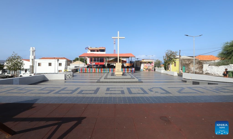 This photo taken on Sept. 11, 2026 shows Cruz dos Passos Square of Sao Filipe, Fogo Island, Cabo Verde. Fogo Island is located in the southern part of the Cabo Verde archipelago. Shaped by volcanic activity, its landscape is characterized by a volcano, black lava and volcanic soils. Sao Filipe, the island's main city, is built on slopes overlooking the Atlantic, with streets lined with brightly colored buildings. (Photo by Elton Monteiro/Xinhua)