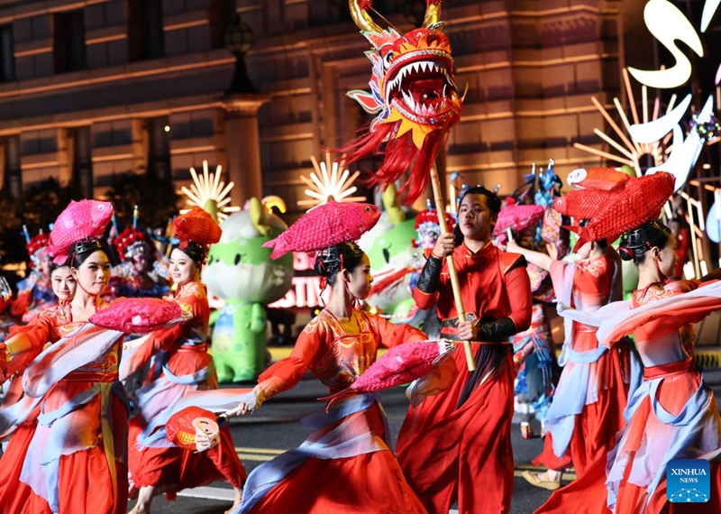 A Hakka art troupe from Sanming City of southeast China's Fujian Province performs during the parade of the Shanghai Tourism Festival in Shanghai, east China, Sept. 12, 2026. The 37th Shanghai Tourism Festival parade was launched at the Bund in Shanghai on Saturday. A total of 21 floats and 21 performing teams took part in the parade. Photo: Xinhua
