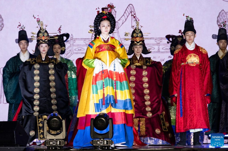 Models present traditional costumes during the 2026 Jongno Hanbok Festival at the Gwanghwamun Square in Seoul, South Korea, on Sept. 12, 2026. The festival ran from Sept. 11 to 12 in Seoul. (Photo by Lee Yong-ho/Xinhua)