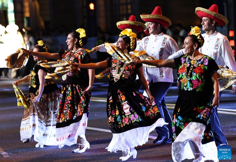 A folk dance troupe from Mexico performs during the parade of the Shanghai Tourism Festival in Shanghai, east China, Sept. 12, 2026. The 37th Shanghai Tourism Festival parade was launched at the Bund in Shanghai on Saturday. A total of 21 floats and 21 performing teams took part in the parade. Photo: Xinhua