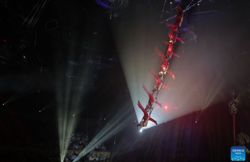 Acrobats perform at the 5th International Festival of Circus Art Without Borders in St. Petersburg, Russia, Sept. 10, 2026. The festival opened here on Thursday and will last to Sunday. Photo: Xinhua