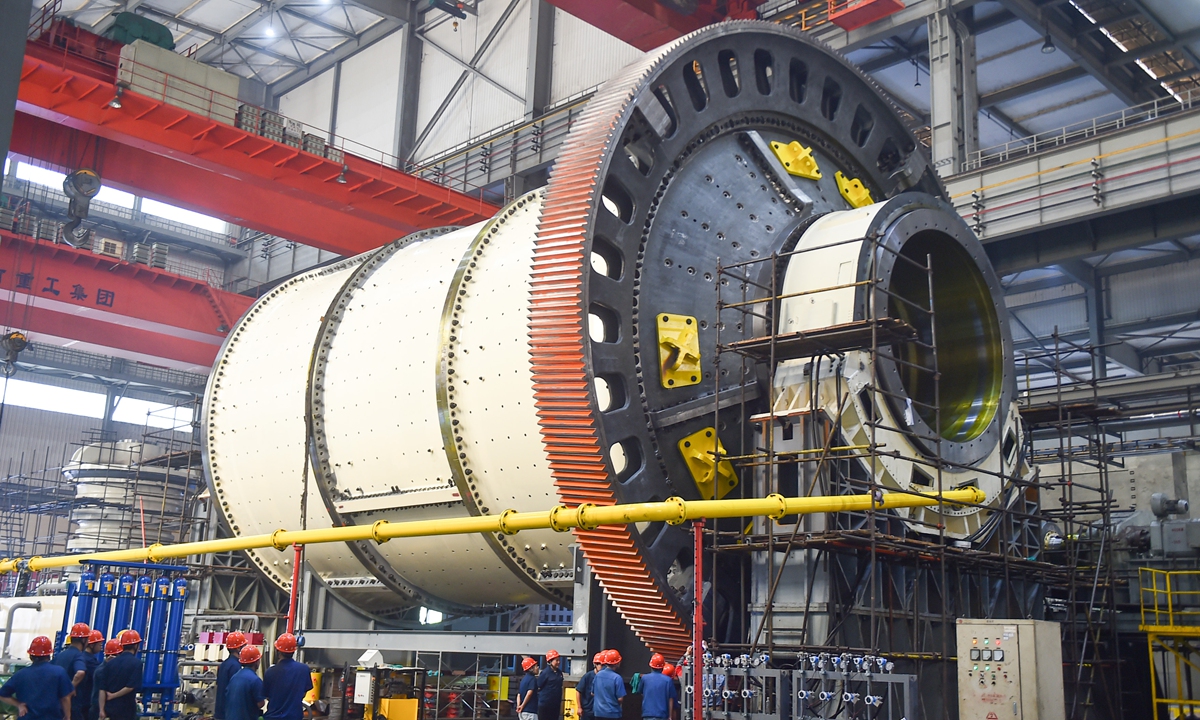 A ball mill more than 8 meters in diameter rolls off the production line after a trial run in Luoyang, Central China's Henan Province, on September 14, 2026. Developed by CITIC Heavy Industries Co, the high-capacity, energy-efficient machine will be exported for a major overseas mining project. Photo: VCG
