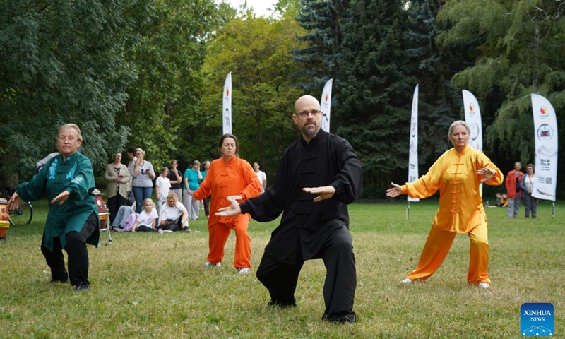 People perform Taiji during the 6th Family and Friends Gathering of the Hungarian Chan Wu Federation on Margaret Island in Budapest, Hungary, Sept. 13, 2026. (Xinhua/Chen Hao)

