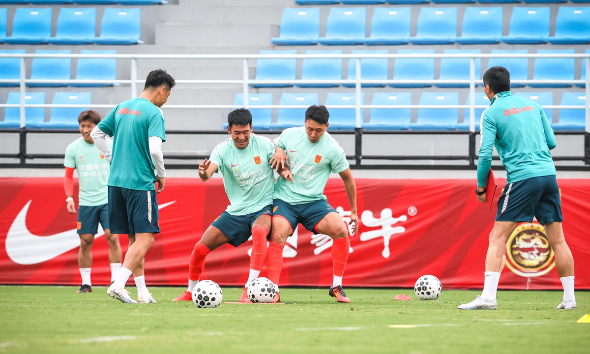 Chinese men's national football team players take part in a training session in Wuhan, Central China's Hubei Province, on September 15, 2026. The team will play an international invitational tournament from September 24 to October 6 in Southwest China's Chongqing Municipality. Photo: VCG