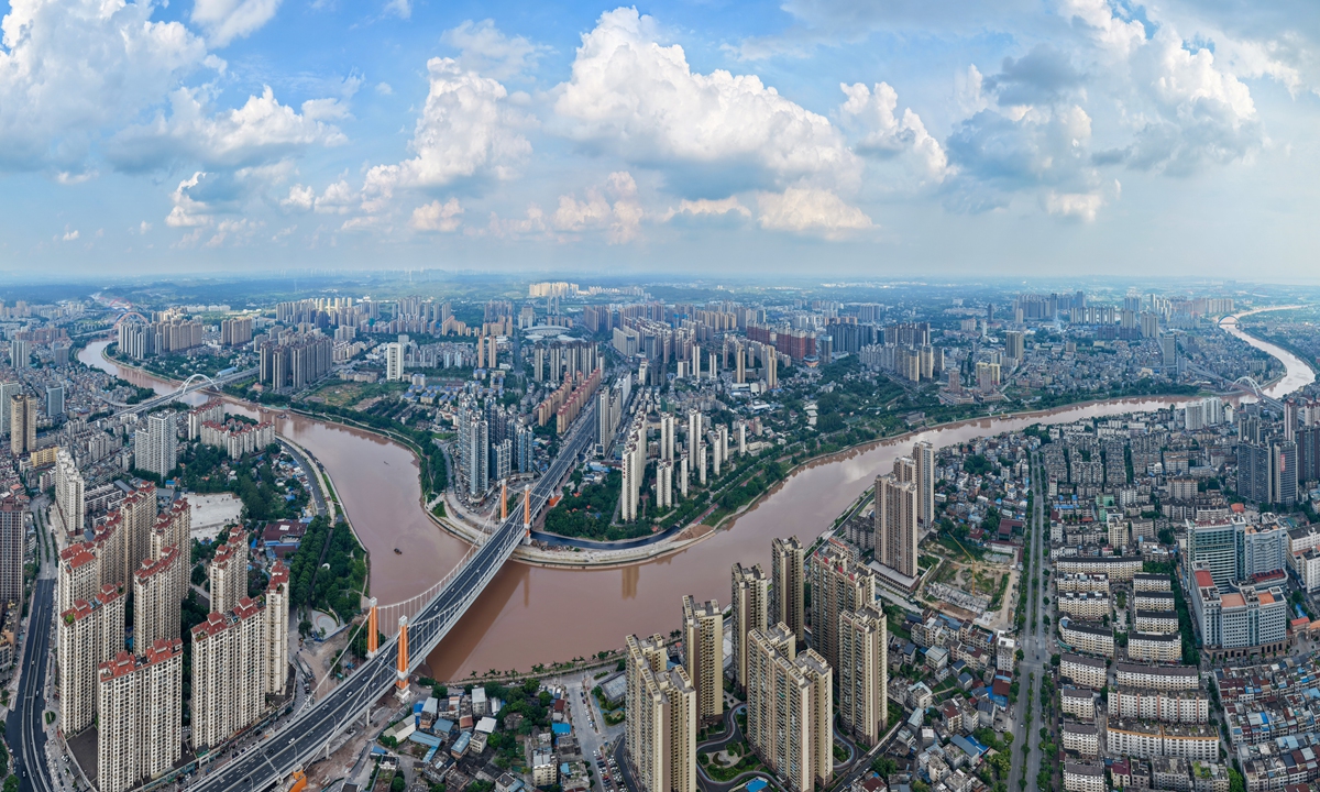 An aerial photo of the Pinglu Canal and the city of Qinzhou, South China's Guangxi Zhuang Autonomous Region Photo: Courtesy of Pinglu Canal Group