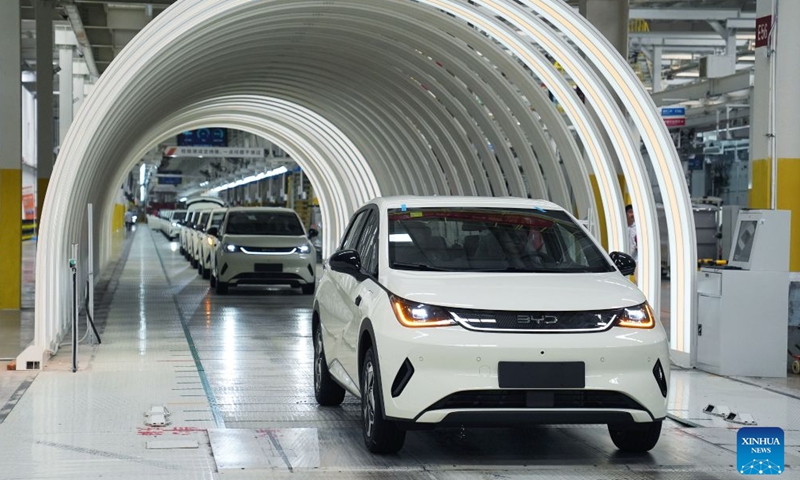 This photo taken on Sept. 9, 2026 shows an assembly line at the BYD Fuzhou base in Fuzhou, east China's Jiangxi Province. In the workshop of Chinese automaker BYD's Fuzhou base in Jiangxi, stamping, welding, painting and final assembly processes operate efficiently. Industrial robots and automated guided vehicles work in coordination, achieving full-process digital control. (Xinhua/Wan Xiang)

