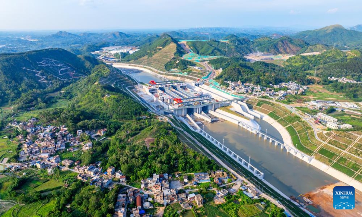 An aerial drone photo taken on June 3, 2026 shows water being pumped into the Madao hub on the Pinglu Canal in South China's Guangxi Zhuang Autonomous Region. Photo: Xinhua
