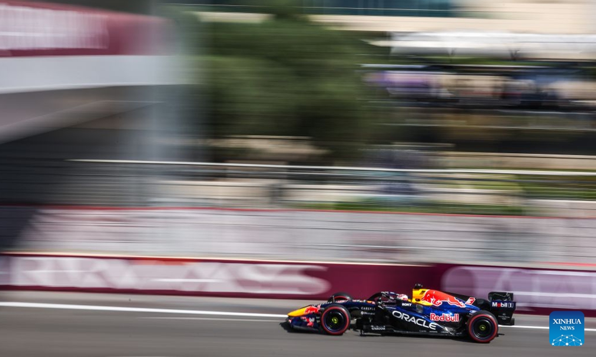 Red Bull's Max Verstappen of the Netherlands competes during the practice session of the Formula One Azerbaijan Grand Prix at the Baku City Circuit in Baku, capital of Azerbaijan, Sept. 24, 2026. (Photo by Qian Jun/Xinhua)
