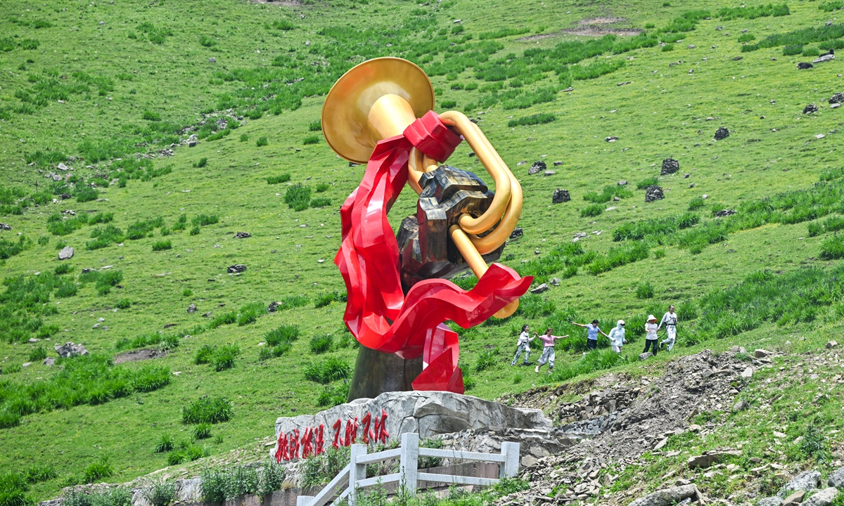 A sculpture themed around the Red Army's Long March is seen at Jiajin Mountain. Photo: VCG