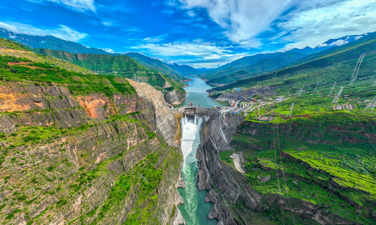 An aerial drone photo shows a view of the Baihetan hydropower station on the Jinsha River in Southwest China. Photo: Courtesy of CTG