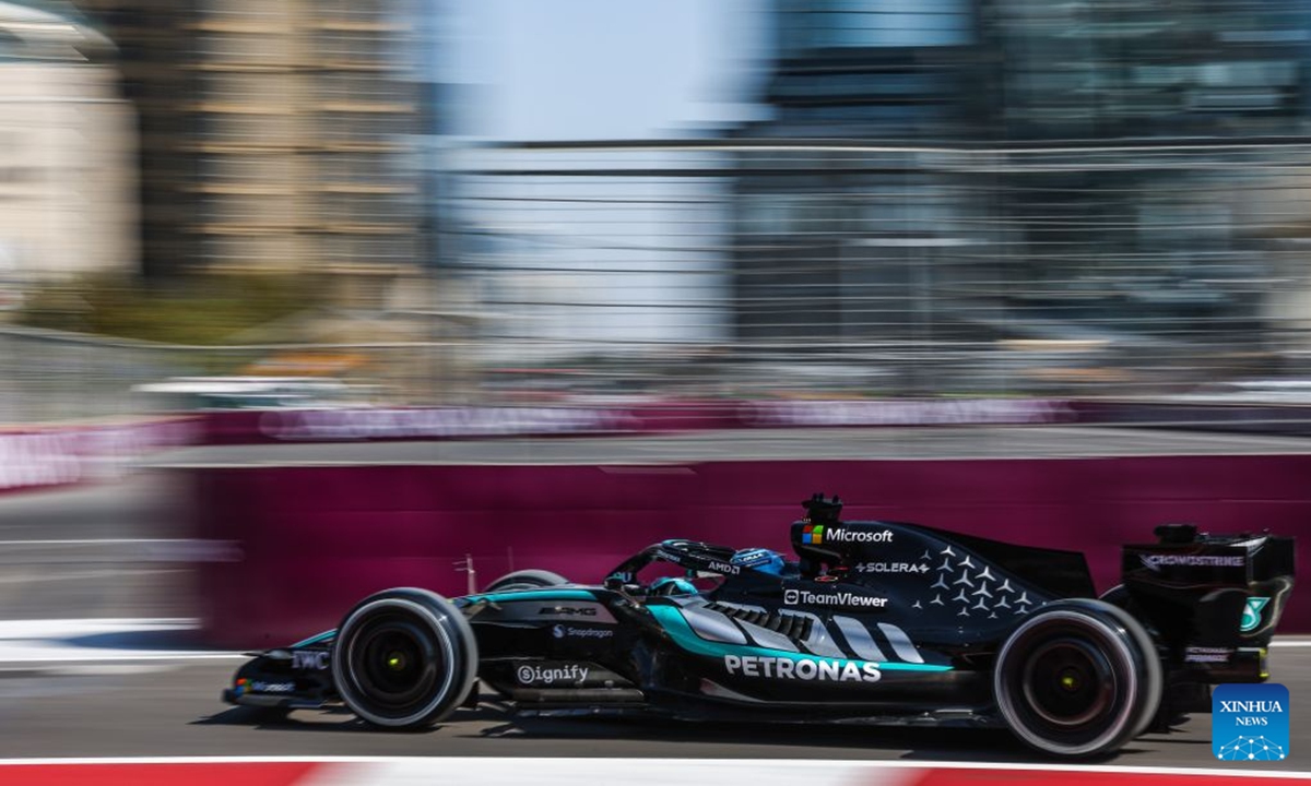Mercedes' George Russell of Britain competes during the practice session of the Formula One Azerbaijan Grand Prix at the Baku City Circuit in Baku, capital of Azerbaijan, Sept. 24, 2026. (Photo by Qian Jun/Xinhua)