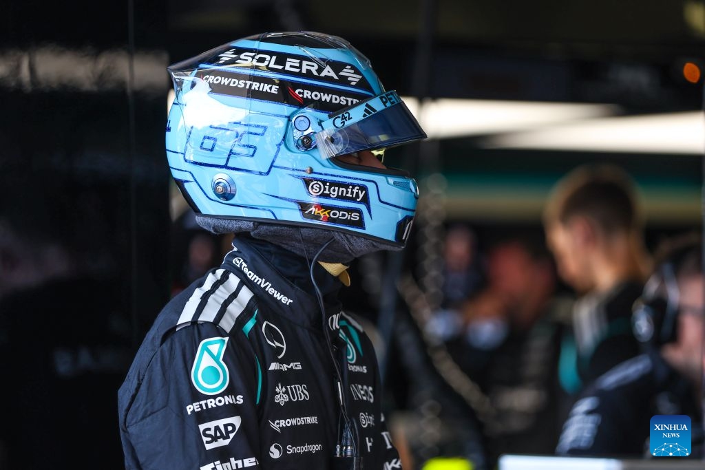 Mercedes' George Russell of Britain is seen during the practice session of the Formula One Azerbaijan Grand Prix at the Baku City Circuit in Baku, capital of Azerbaijan, Sept. 24, 2026. (Photo by Qian Jun/Xinhua)