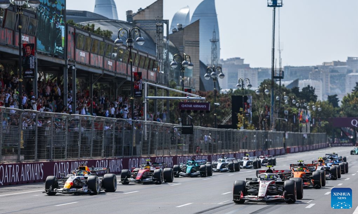 Racers position on the grid for launch during the practice session of the Formula One Azerbaijan Grand Prix at the Baku City Circuit in Baku, capital of Azerbaijan, Sept. 24, 2026. (Photo by Qian Jun/Xinhua)