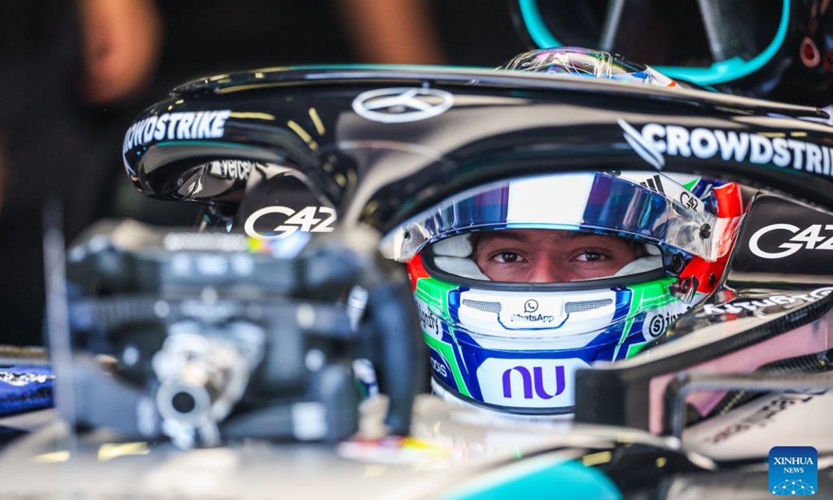 Mercedes' Andrea Kimi Antonelli of Italy prepares before the practice session of the Formula One Azerbaijan Grand Prix at the Baku City Circuit in Baku, capital of Azerbaijan, Sept. 24, 2026. (Photo by Qian Jun/Xinhua)