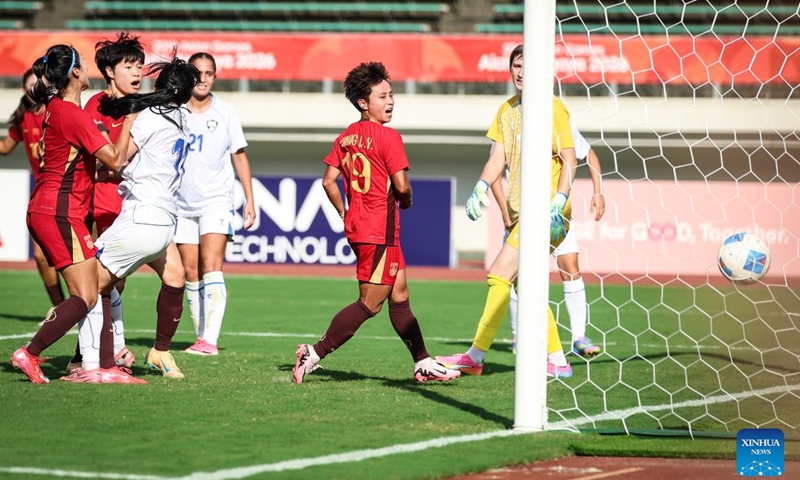 Zhang Linyan (C) of China celebrates scoring during the group G match of Women's Football between China and Uzbekistan at the 20th Asian Games Aichi-Nagoya 2026 in Gifu, Japan, Sept. 17, 2026. (Xinhua/Jia Haocheng)