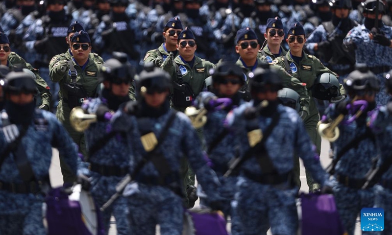 Soldiers participate in an Independence Day military parade at the Zocalo Square in Mexico City, Mexico, on Sept. 16, 2026. The parade was held here on Wednesday to mark the 216th anniversary of Mexico's independence. (Photo by Francisco Canedo/Xinhua)