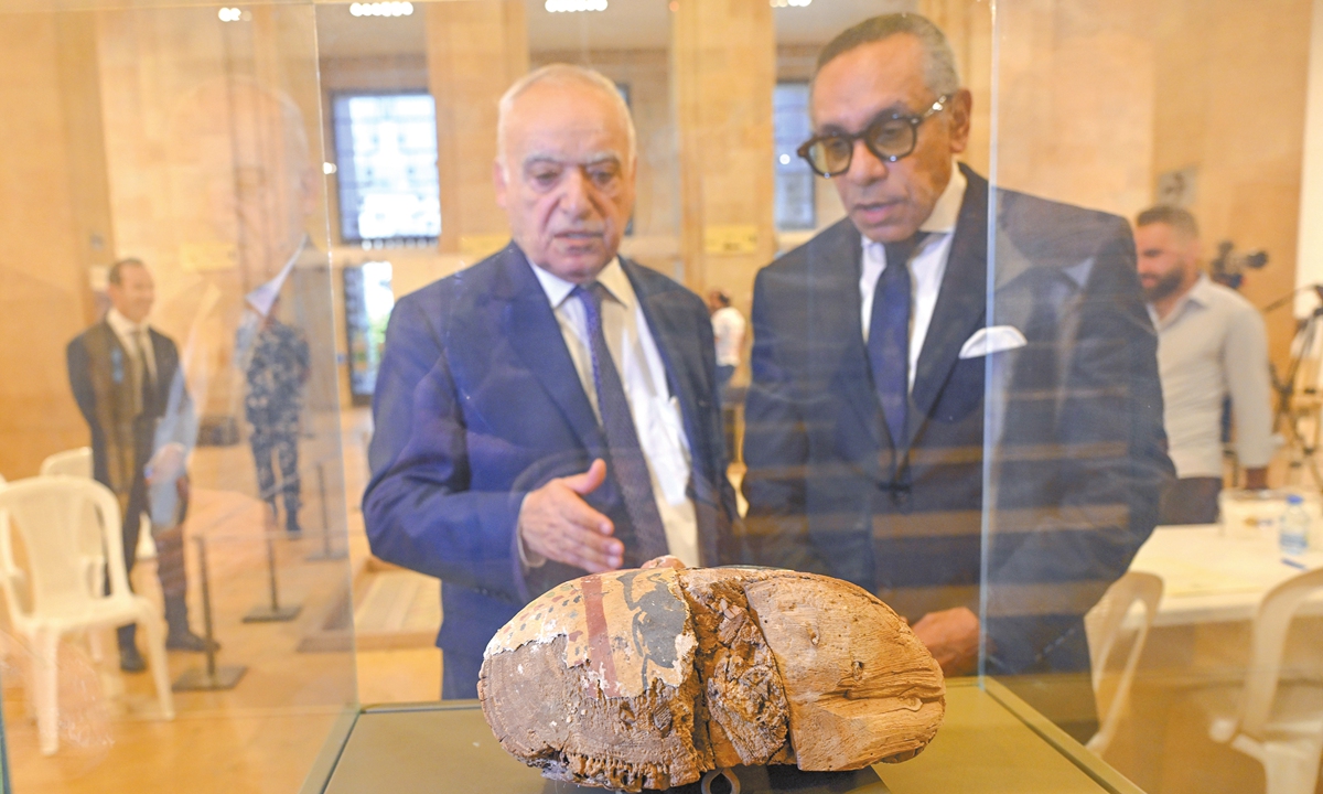Lebanese Culture Minister Ghassan Salameh hands over 37 ancient Egyptian artifacts dating to the Pharaonic era to Egyptian Ambassador to Beirut Alaa Moussa during a ceremony at the National Museum in Beirut, Lebanon, on September 16, 2026. The artifacts, which were smuggled from Egypt into Lebanon, are returned to Egypt by the Lebanese government. Photo: VCG