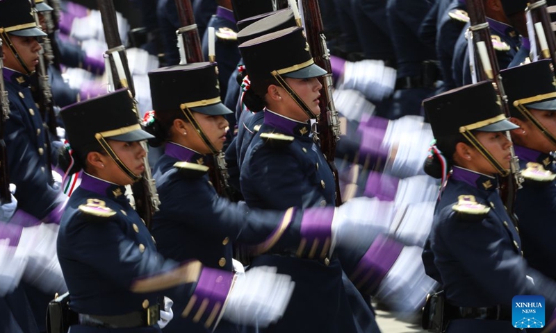 Soldiers participate in an Independence Day military parade at the Zocalo Square in Mexico City, Mexico, on Sept. 16, 2026. The parade was held here on Wednesday to mark the 216th anniversary of Mexico's independence. (Photo by Francisco Canedo/Xinhua)