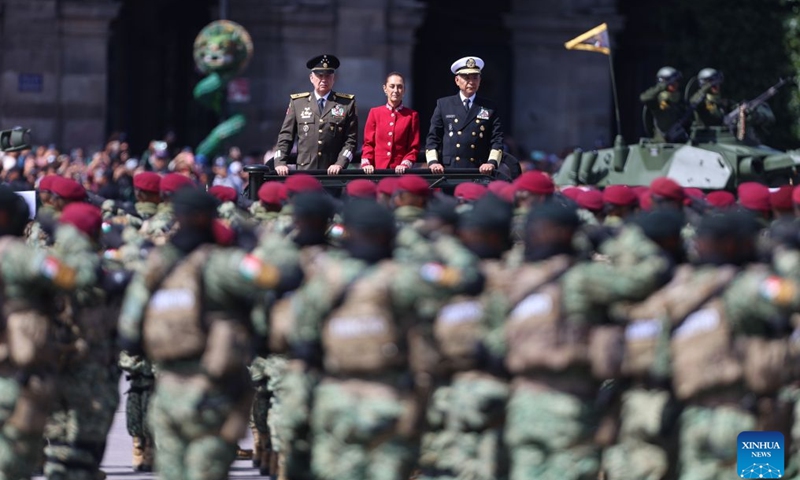 Mexican President Claudia Sheinbaum (C) attends an Independence Day military parade at the Zocalo Square in Mexico City, Mexico, on Sept. 16, 2026. The parade was held here on Wednesday to mark the 216th anniversary of Mexico's independence. (Photo by Francisco Canedo/Xinhua)
