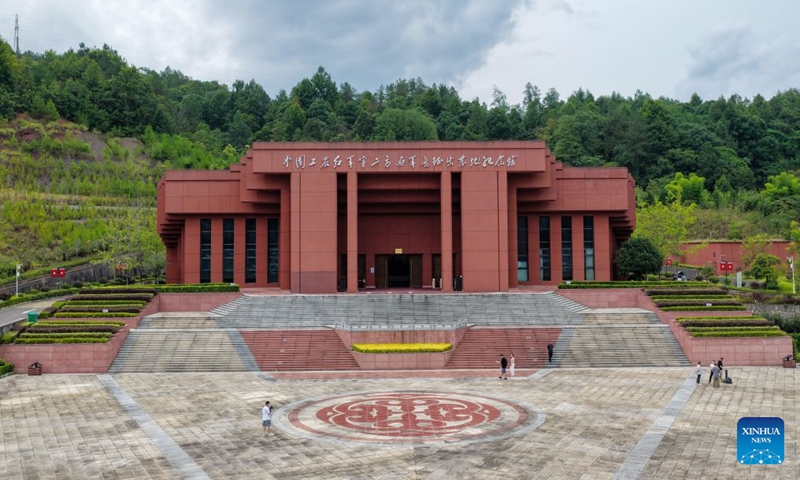 A drone photo taken on Aug. 3, 2026 shows a Long March-themed memorial hall in Sangzhi, central China's Hunan Province. This year marks the 90th anniversary of the victory of the Long March by the Red Army under the leadership of the Communist Party of China. (Photo: Xinhua)