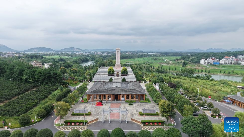An aerial drone photo taken on Sept. 10, 2026 shows a memorial hall for a Red Army martyr and a monument to revolutionary martyrs in Daoxian County, central China's Hunan Province. This year marks the 90th anniversary of the victory of the Long March by the Red Army under the leadership of the Communist Party of China. (Photo: Xinhua)