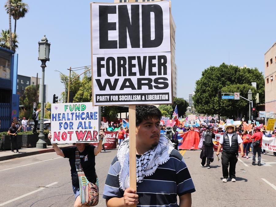 Demonstrators holding placards take part in a May Day rally in Los Angeles, California, the United States, on May 1, 2026. (Photo: Xinhua)