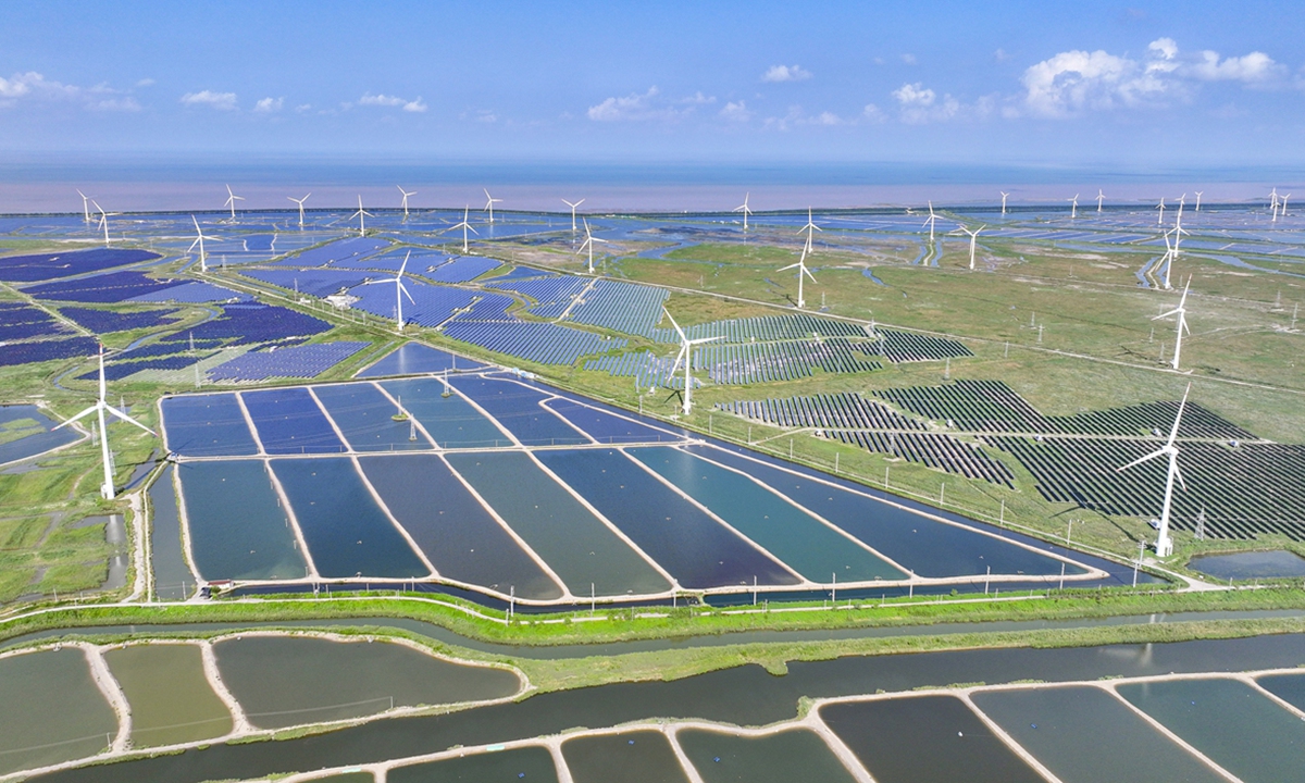 Wind turbines and photovoltaic panels in Yancheng, East China's Jiangsu Province deliver reliable green energy on August 15, 2024. According to data from the National Energy Administration, as of July, China's installed renewable energy power generation capacity reached 1.65 billion kilowatts, up 25 percent year-on-year. Photo: VCG

