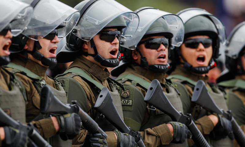 An annual military parade is held to celebrate the Day of the Glories of the Army at the O'Higgins park, in Santiago, Chile, Sept. 19, 2026. (Xinhua/Zhou Jiayi)