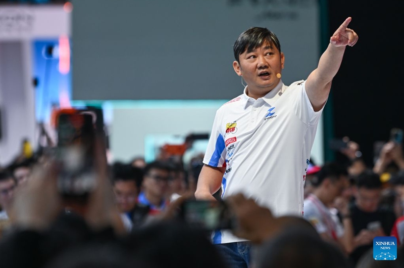 Zhang Xue, founder of ZXMOTO, speaks at the new motorcycles launch conference during the 24th China International Motorcycle Trade Exhibition in Chongqing, southwest China, Sept. 19, 2026. The 24th China International Motorcycle Trade Exhibition is held in Chongqing from Sept. 19 to 22. (Xinhua/Chen Cheng)