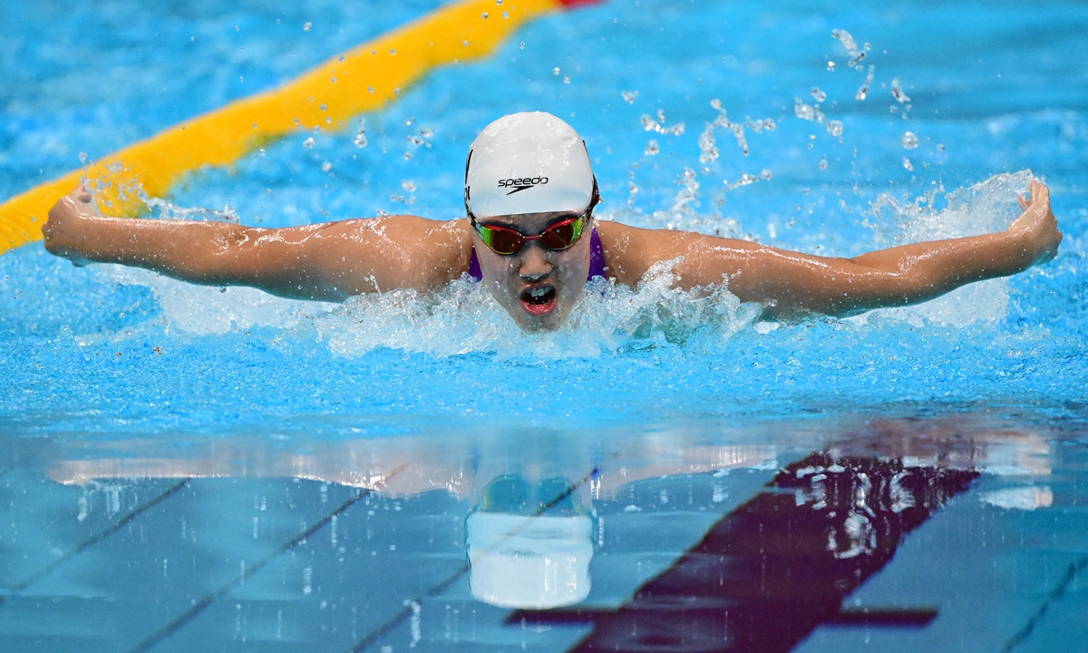 Chinese swimmer Yu Zid, 13 years old, competes in the women's 200-meter butterfly final of the Aichi-Nagoya Asian Games at the Tokyo Aquatics Centre in Tokyo, Japan, on September 20, 2026. Yu, making her Asian Games debut, won the gold medal in a new Asian Games record time of 2:05.08. (See story on Page 15) Photo: VCG