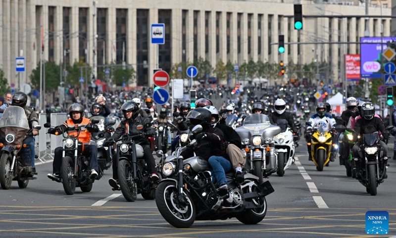 Motorcyclists take part in a parade in Moscow, Russia, on Sept. 19, 2026. The parade marked the end of this year's motorcycle season in Moscow. (Photo by Alexander Zemlianichenko Jr/Xinhua)