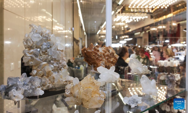 Quartz specimens are displayed during the Mineral Fest in Ljubljana, Slovenia, Sept. 19, 2026. (Photo by Zeljko Stevanic/Xinhua)