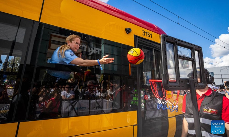 This photo taken on Sept. 19, 2026 shows a scene during the 12th European Tramdriver Championship in Warsaw, Poland. Launched in 2012, the competition tests tram drivers' skills in events such as precise stopping, emergency braking, speed estimation and tram bowling. (Photo by Jaap Arriens/Xinhua)