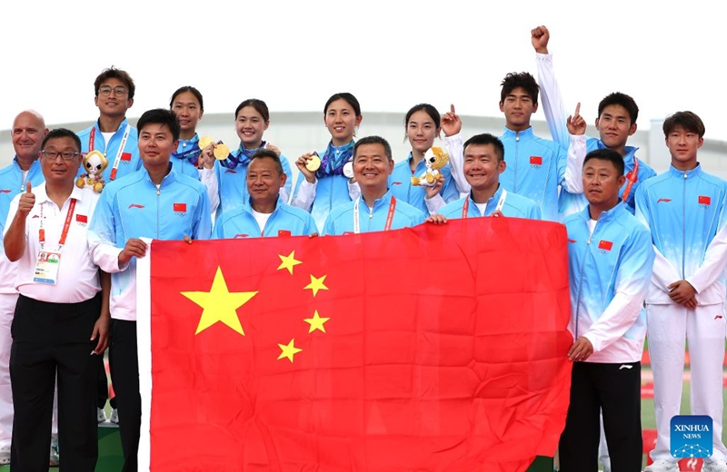 Members of team China celebrate on the podium during the victory ceremony for the women's team of modern pentathlon at the 20th Asian Games Aichi-Nagoya 2026 in Anjo city of Aichi Prefecture, Japan, Sept. 20, 2026. (Xinhua/Yao Qilin)