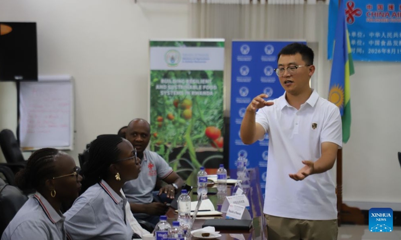 A Chinese expert gives a lecture during a program named the Overseas Training Course on Agricultural Product Processing and Preservation Technology for Rwanda in Kigali, Rwanda, Sept. 11, 2026. (Xinhua/Ju Yinhe)