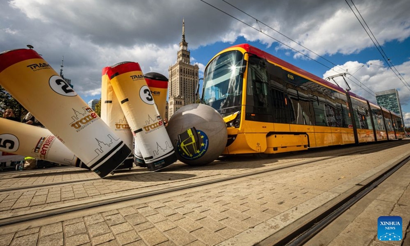This photo taken on Sept. 19, 2026 shows a scene during the 12th European Tramdriver Championship in Warsaw, Poland. Launched in 2012, the competition tests tram drivers' skills in events such as precise stopping, emergency braking, speed estimation and tram bowling. (Photo by Jaap Arriens/Xinhua)