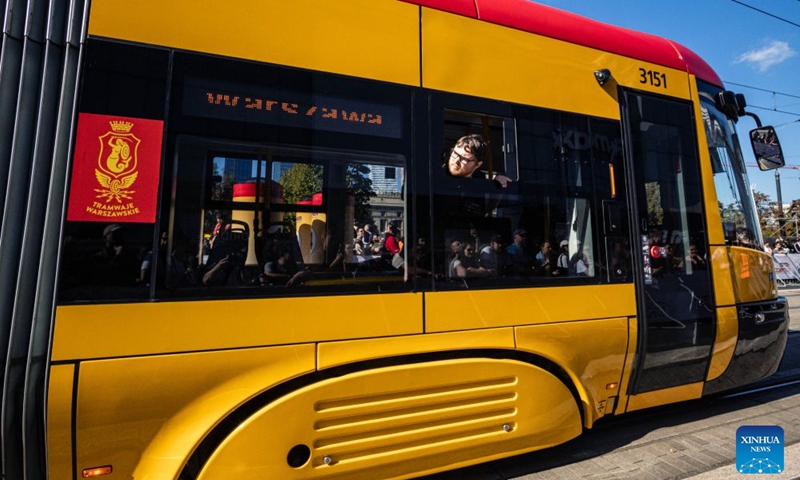 This photo taken on Sept. 19, 2026 shows a scene during the 12th European Tramdriver Championship in Warsaw, Poland. Launched in 2012, the competition tests tram drivers' skills in events such as precise stopping, emergency braking, speed estimation and tram bowling. (Photo by Jaap Arriens/Xinhua)
